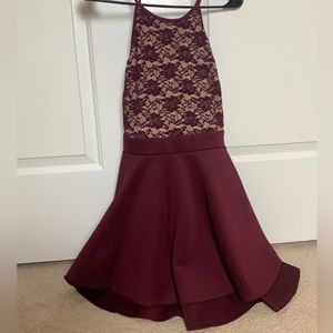 Honey and Rosie tan and burgundy dress.